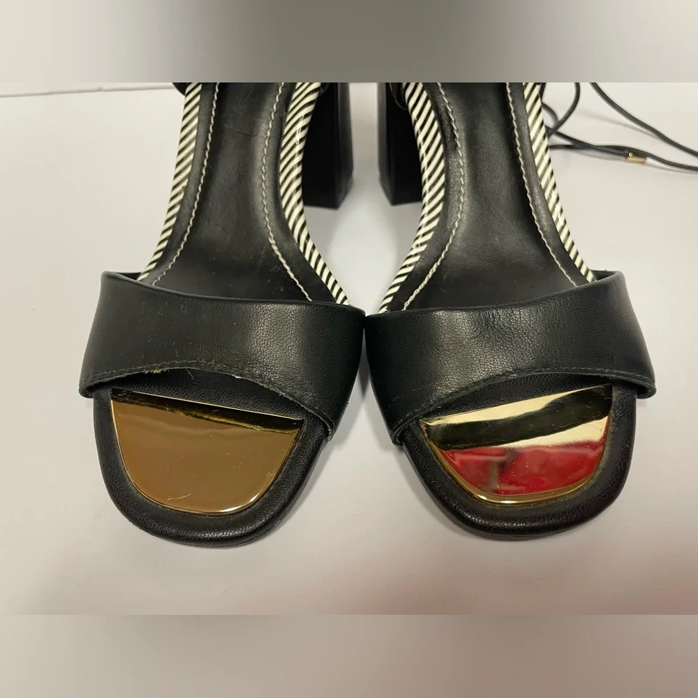 French blu vegan sandals block Heel lace up black gold 6