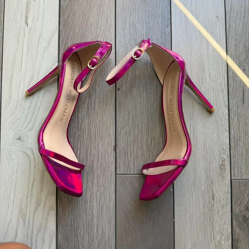 Stuart Weitzman Metallic Fuchsia Pink Ankle Strap Heels