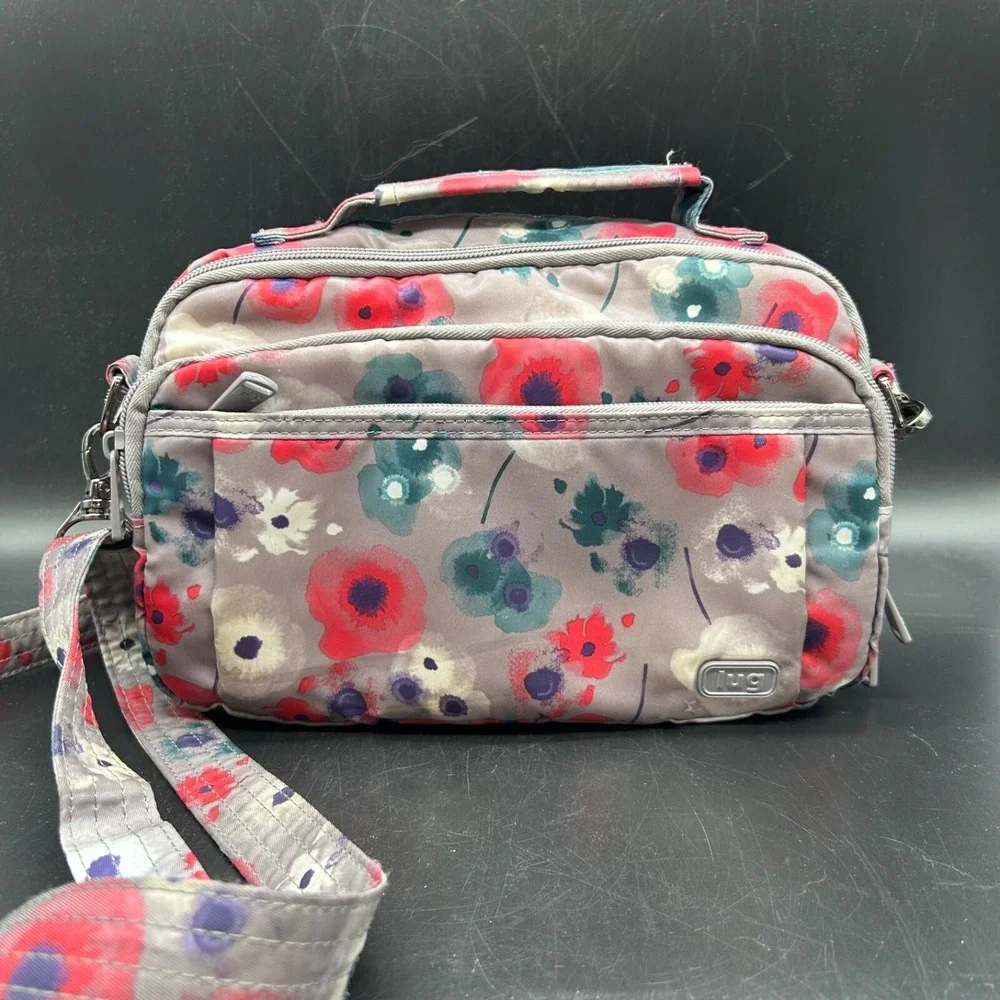 LUG‎ Scoop Crossbody Shoulder Bag Purse Watercolor Grey Pink Teal Flower