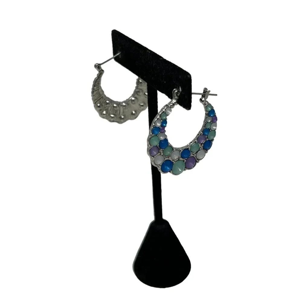 Hoop Earrings Silvertone Purple Blue White Faceted Bubble‎ Hinged Back