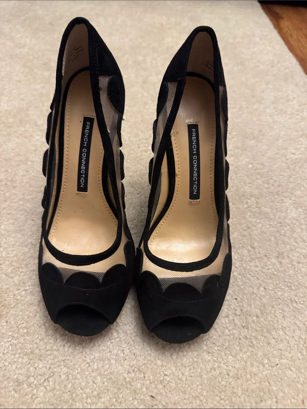 French Connection Black Mesh Scallop Peep-Toe Heels