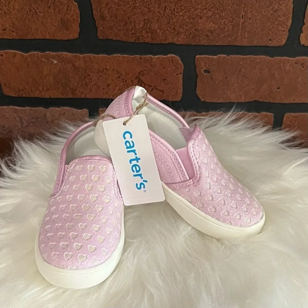 New Carters‎ Tween 12 Glitter Hearts Slip-On Shoes Toddler Sz 8 Pink Casual Cute