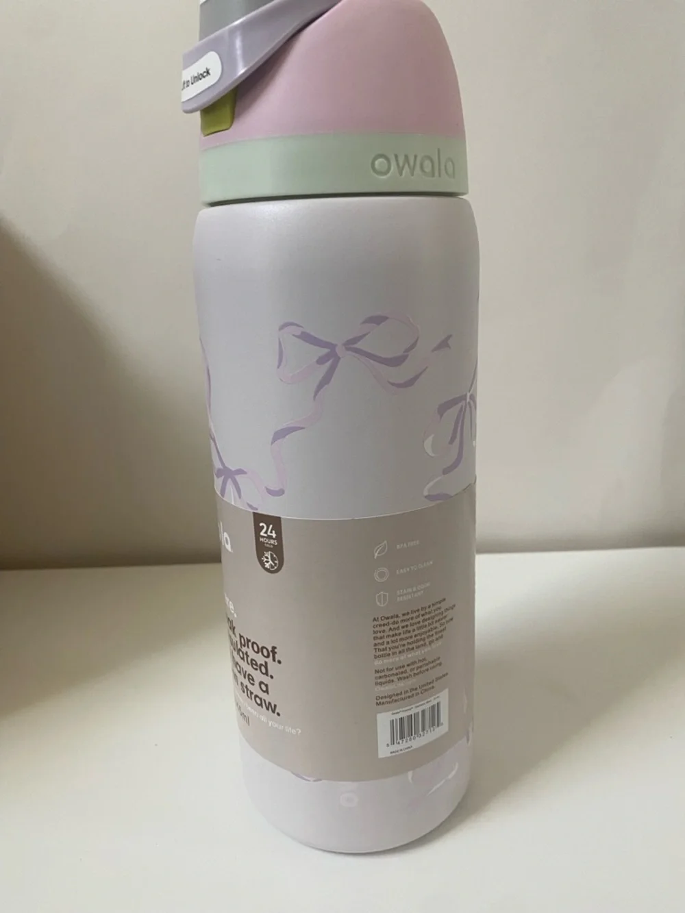Owala Pink bow stainless steel free sip