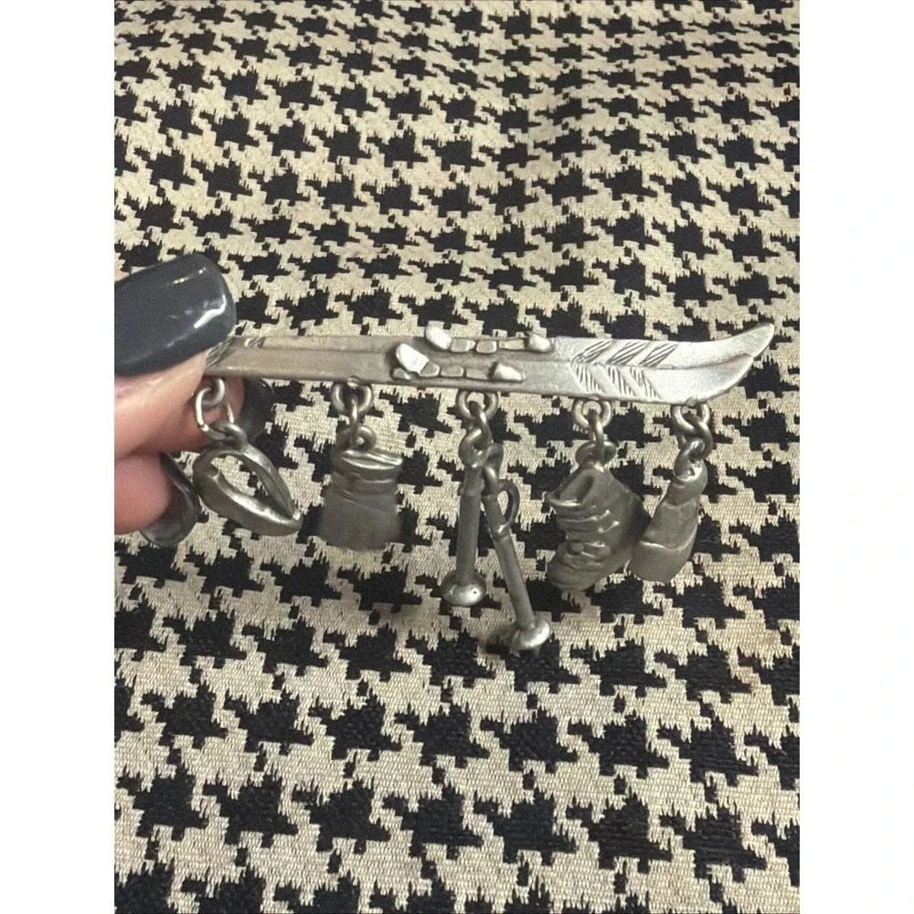 Vintage JJ Brooch Signed Pin Skis Glove Goggles Boot Pewter Dangle Winter