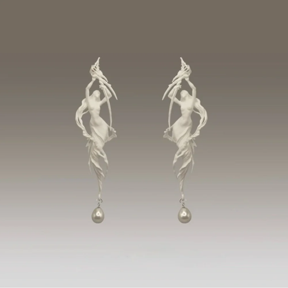 Goddess‎ Siren Statement Earrings with Baroque Pearl Drop – 3.2” Art Nouveau