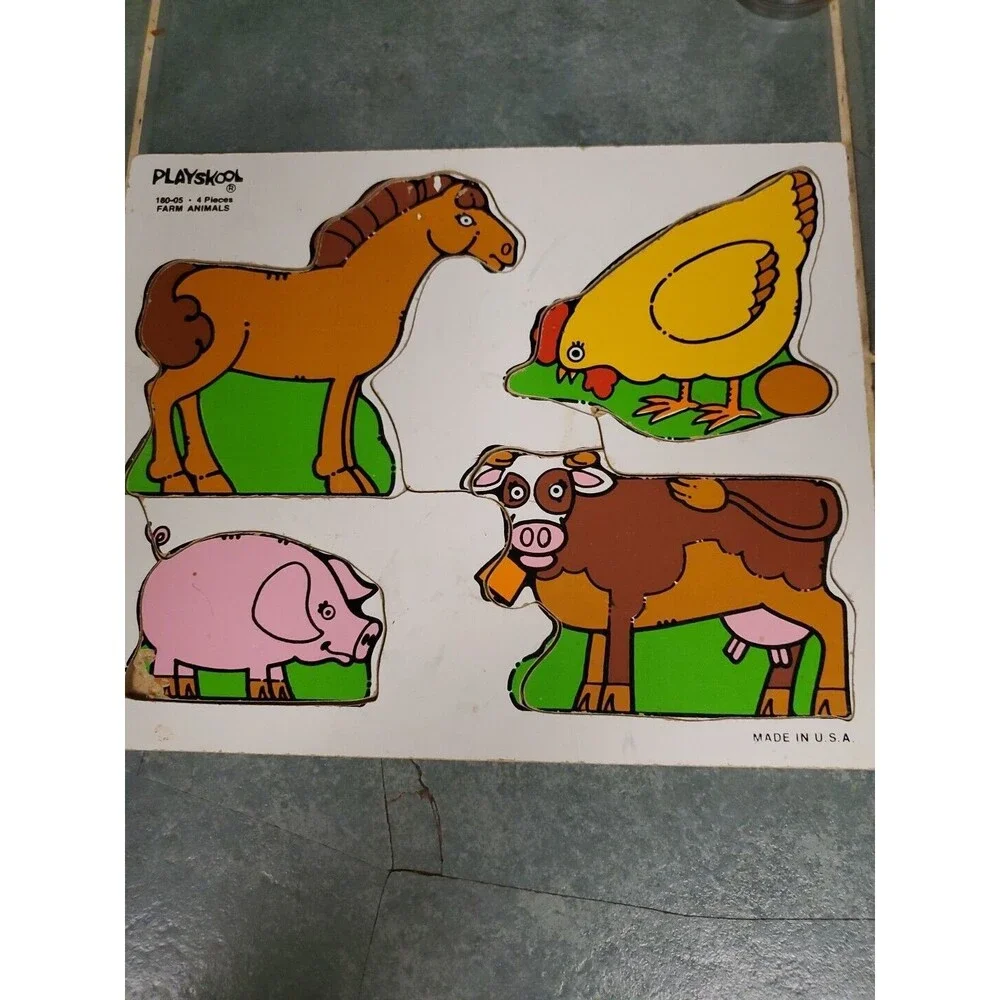 Playskool Farm Animals Wood Puzzle 180-05 Horse Pig Cow Chicken Vintage