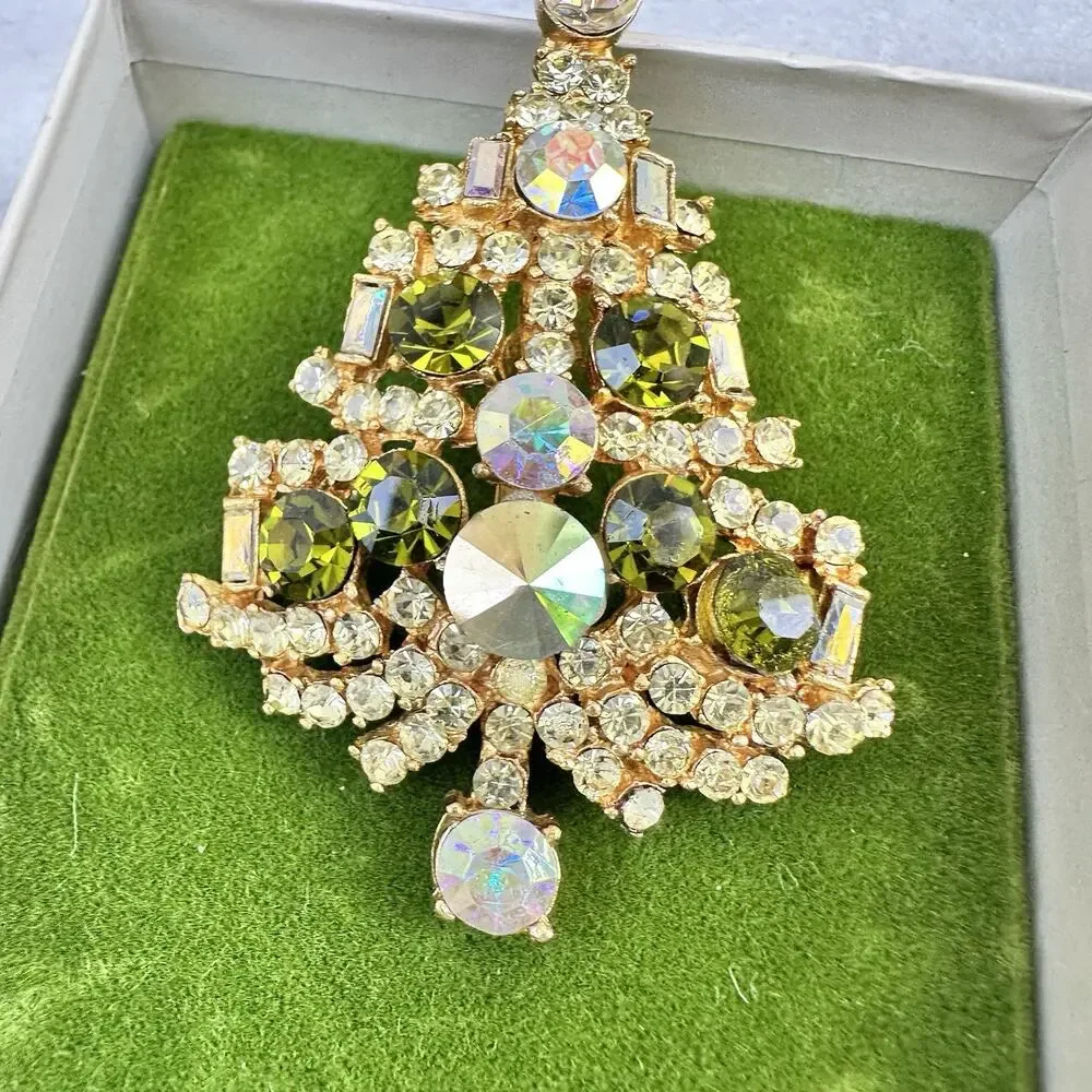 Vintage Christmas Tree Brooch Czech Style AB Rhinestones Olive Green Gold Tone