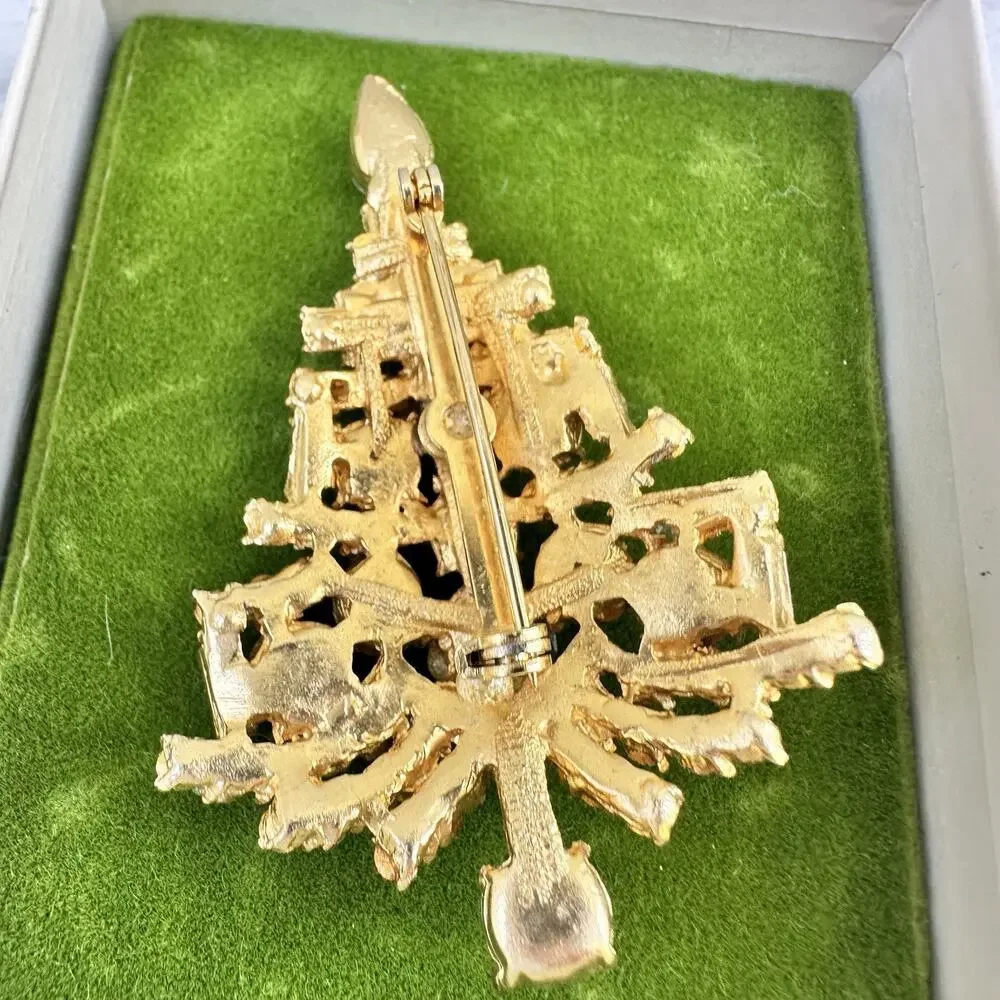 Vintage Christmas Tree Brooch Czech Style AB Rhinestones Olive Green Gold Tone