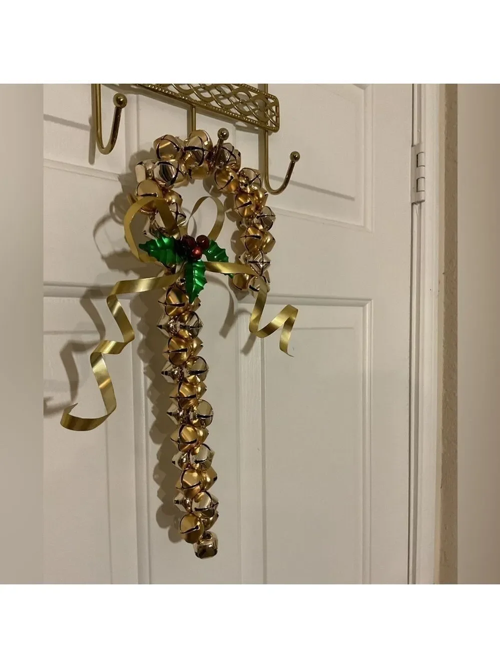 Gold Jingle Bell Candy Cane Christmas Door Hanger Wreath Holiday Decor