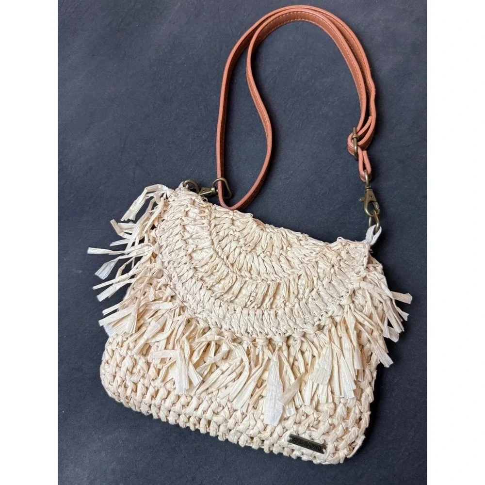 Billabong Woven Straw handBag Cream Beige Fringe Boho Summer Beach Purse