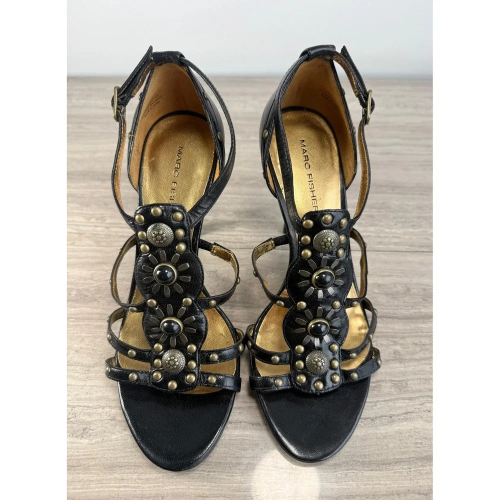 Marc Fisher Black Leather Studded Scalloped T-Strap Heels Goth Rocker Women's 6