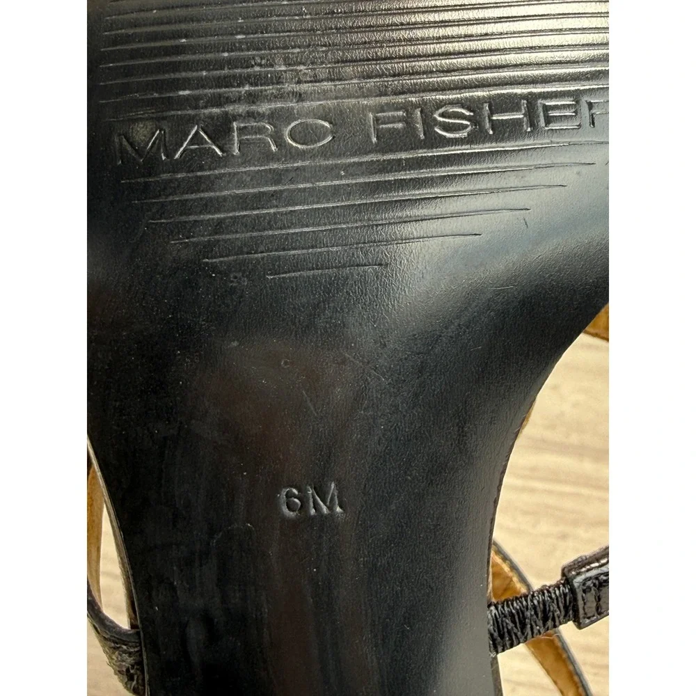 Marc Fisher Black Leather Studded Scalloped T-Strap Heels Goth Rocker Women's 6