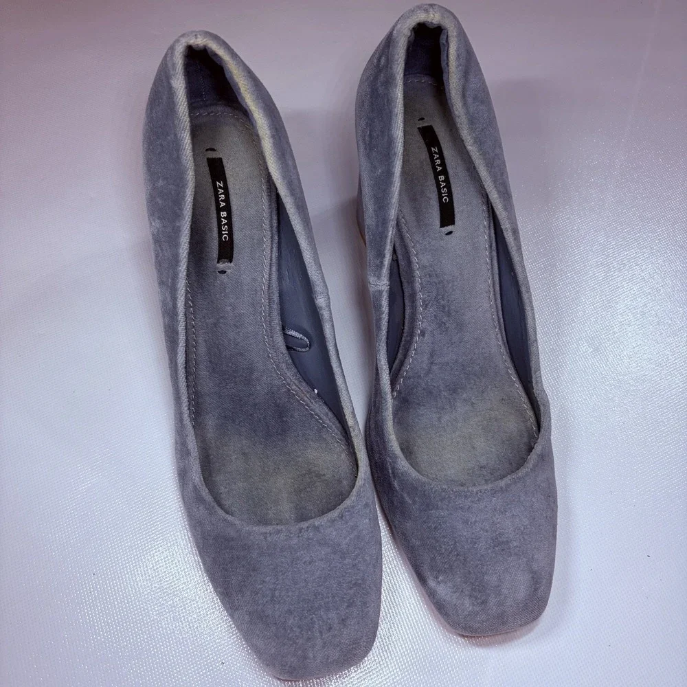Zara Basic Blue/Gray‎ Suede Block Heel Pumps Size 40 US 9 9.5 Square Toe Chunky