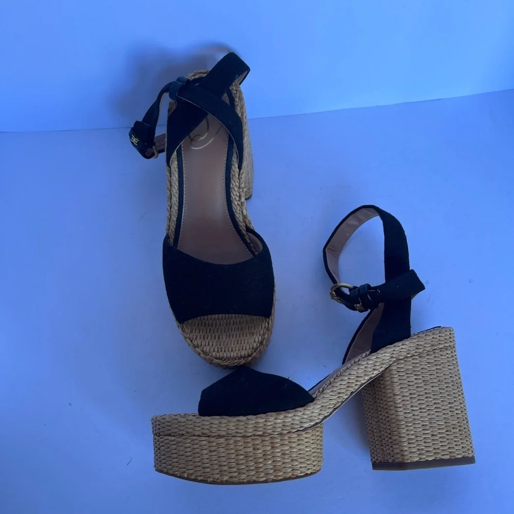 Sam Edelman Tan‎ Immie Black Woven Platform Ankle-Strap Heels