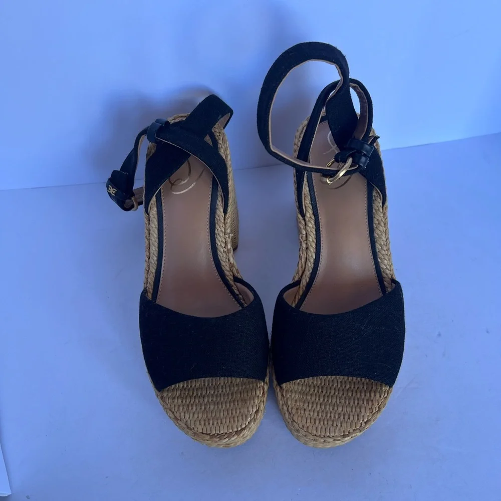 Sam Edelman Tan‎ Immie Black Woven Platform Ankle-Strap Heels
