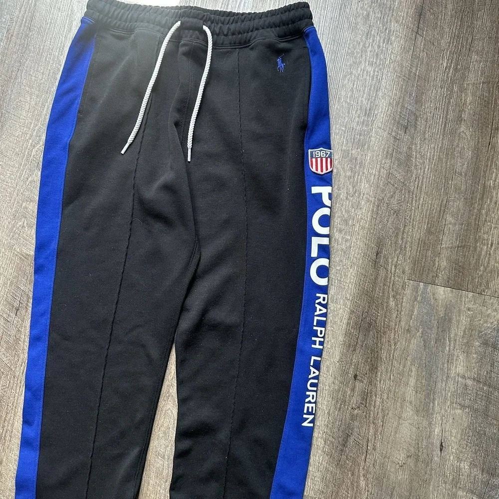 Polo Ralph Lauren 1967 Black Blue Track Racing Jogger‎ Sweatpants Men's Size M