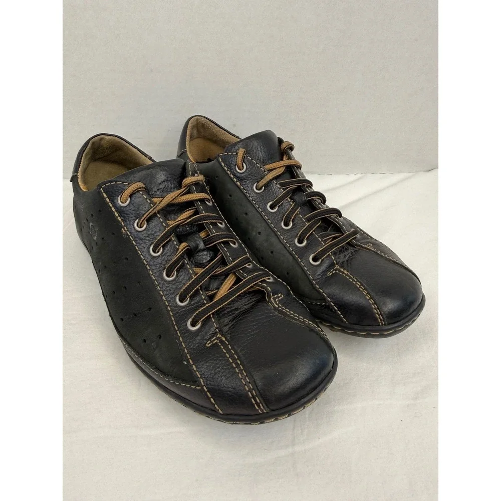 Born‎ Black Grey Leather Suede Low Top Lace Up Casual Ballet Sneakers Sz 8 / 39