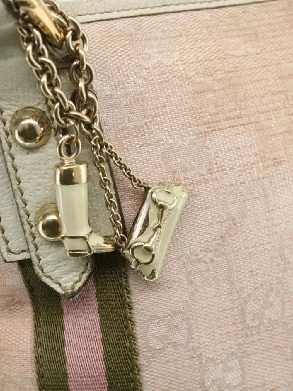 GUCCI GG Canvas Sherry Line Shoulder Bag Pink Gold 144388 Auth ti3863