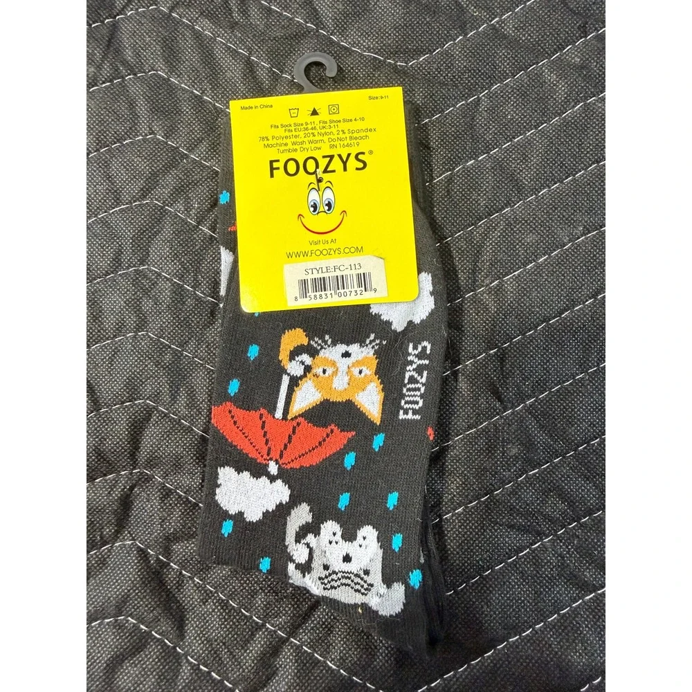 Foozys Crew Socks Women Size 9-11 Black NWT Raining Cats‎ and Dogs Corgi Novelty