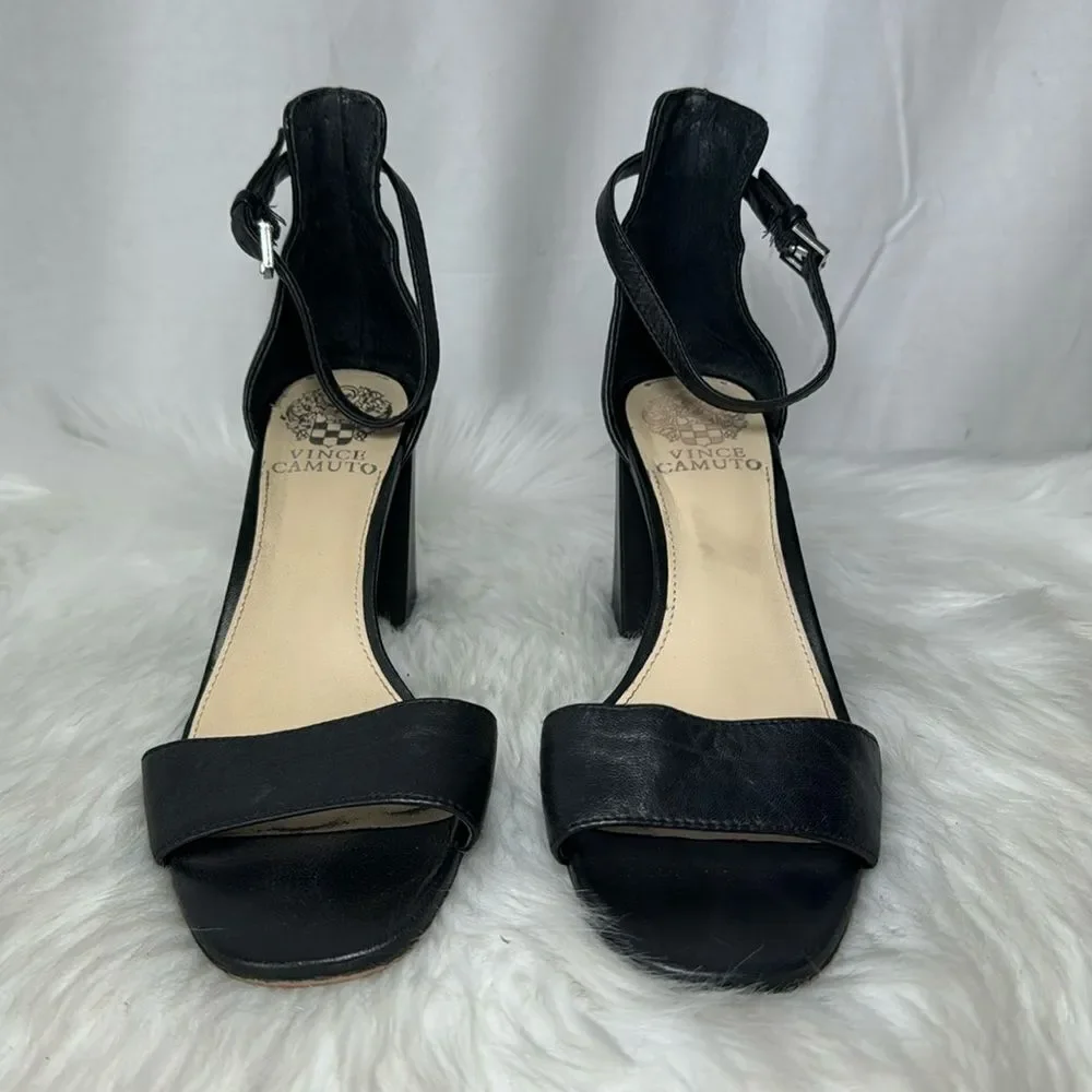 Vince Camuto Winderly Black Leather Ankle Strap Heeled Sandals Sz 7.5‎