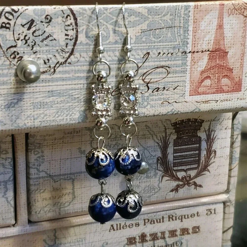 Handcrafted Lapis Lazuli Gemstone Lacy Silver Clear Crystal Dangle Earrings