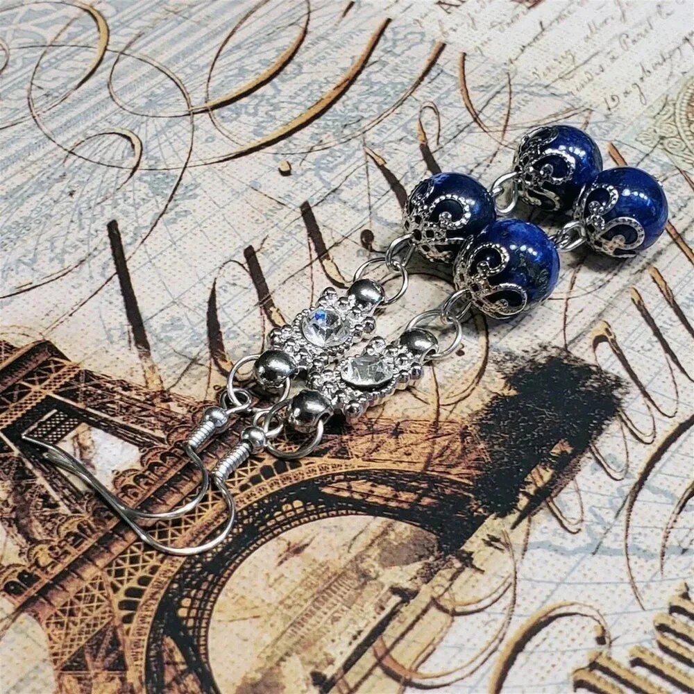 Handcrafted Lapis Lazuli Gemstone Lacy Silver Clear Crystal Dangle Earrings