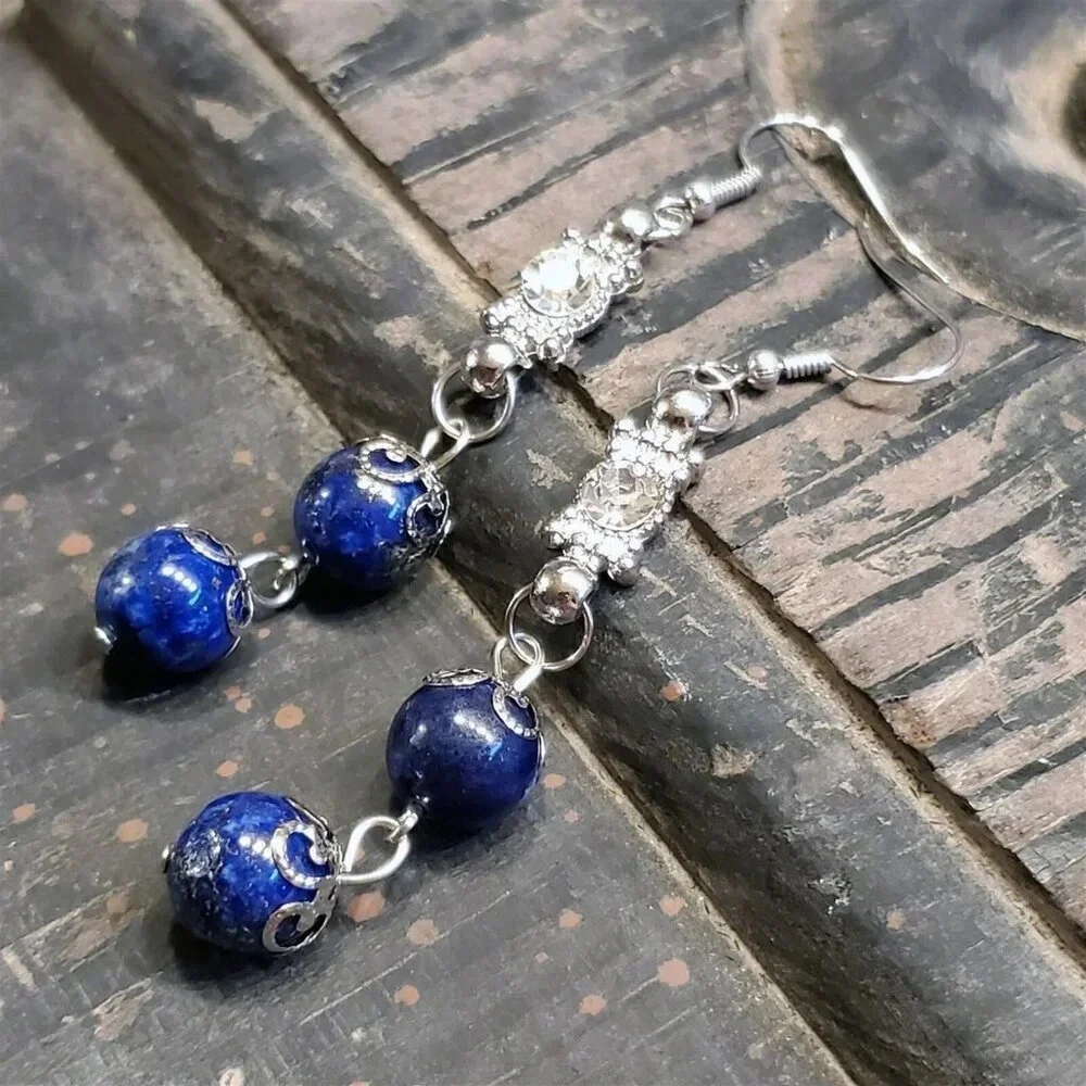 Handcrafted Lapis Lazuli Gemstone Lacy Silver Clear Crystal Dangle Earrings