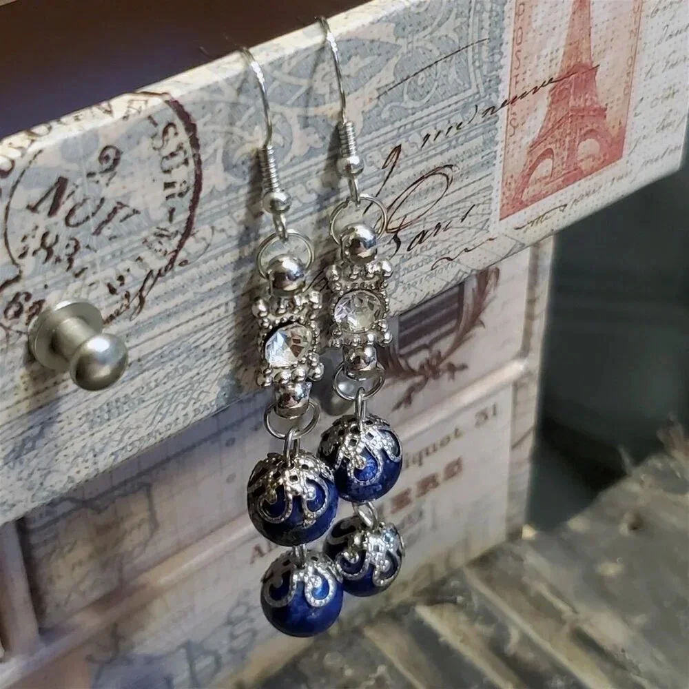 Handcrafted Lapis Lazuli Gemstone Lacy Silver Clear Crystal Dangle Earrings