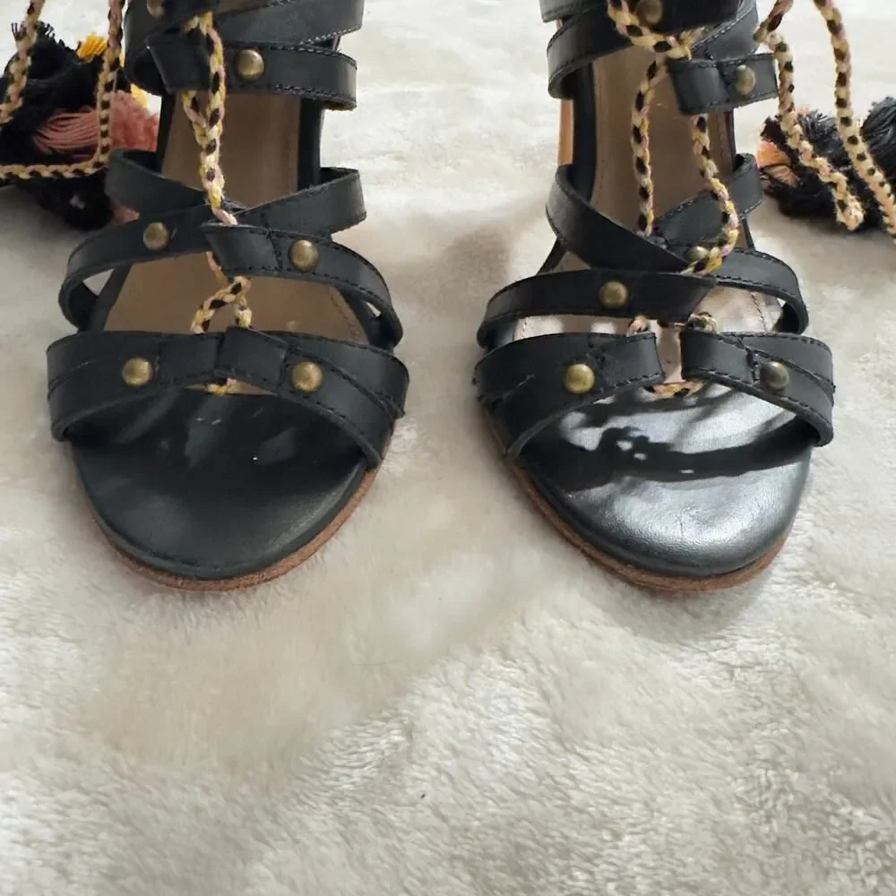 Ulla Johnson Tassel Accent Heels Sandals Women's 37 Black Brown Strappy