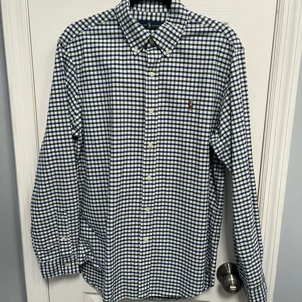 Ralph Lauren Button Down Shirt Green Blue Flesh Pony Men's MEDIUM Gingham Check