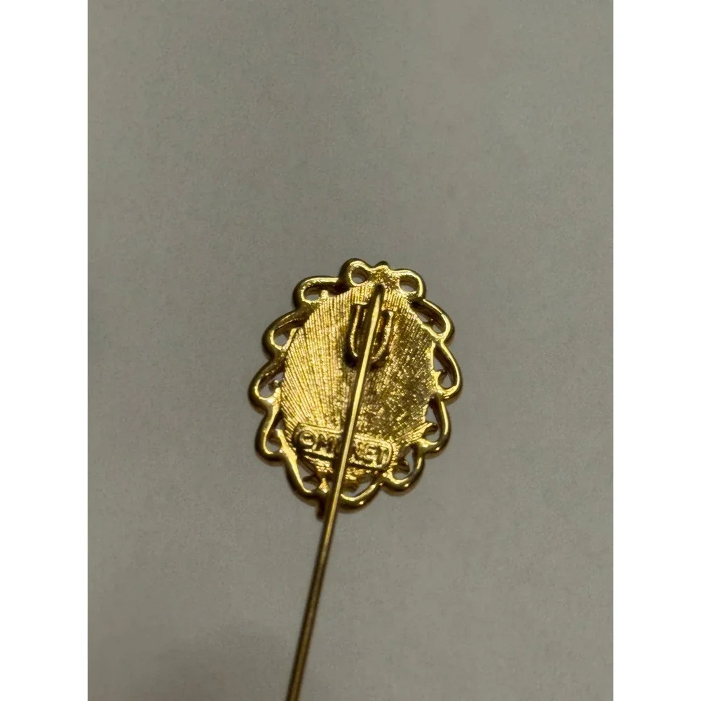 Monet Vintage Gold Tone Blue White Rose‎ Cameo Stick Pin Brooch Floral Jewelry