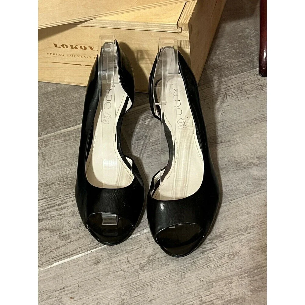 ALDO Black Patent Leather Open Peep Toe Kitten Heel Classic Pumps Sandals 38 7.5