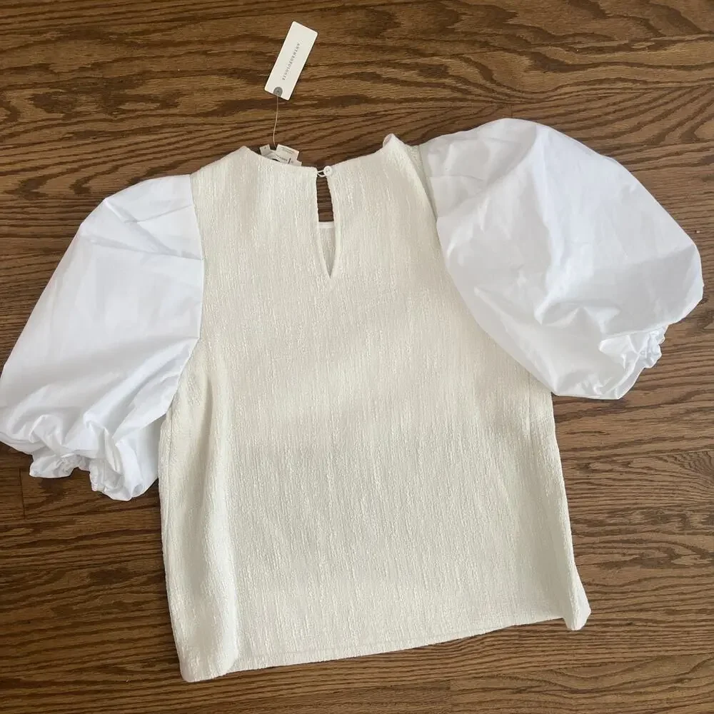 Anthropologie Puff Sleeve Top Size Small NWT Cream White Textured Classic