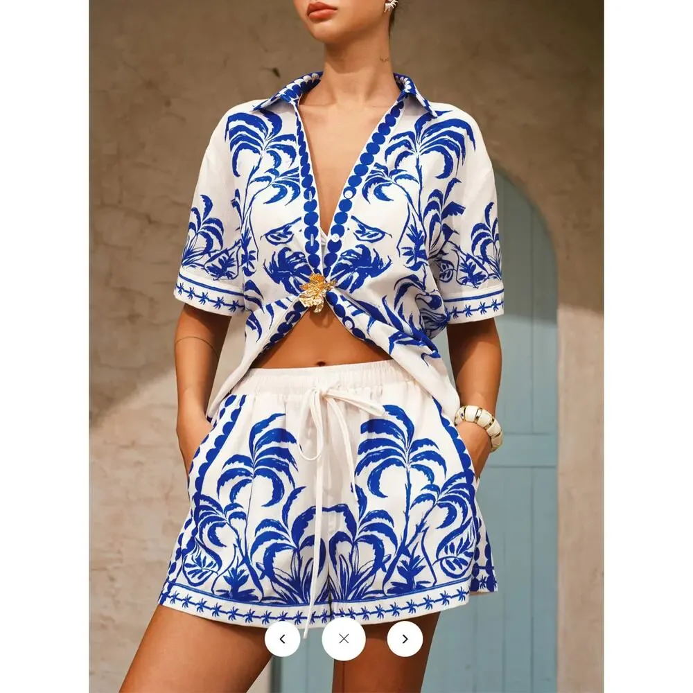 NWT Commense Palm Tree Print Shirt & Drawstring Shorts Set Sz S