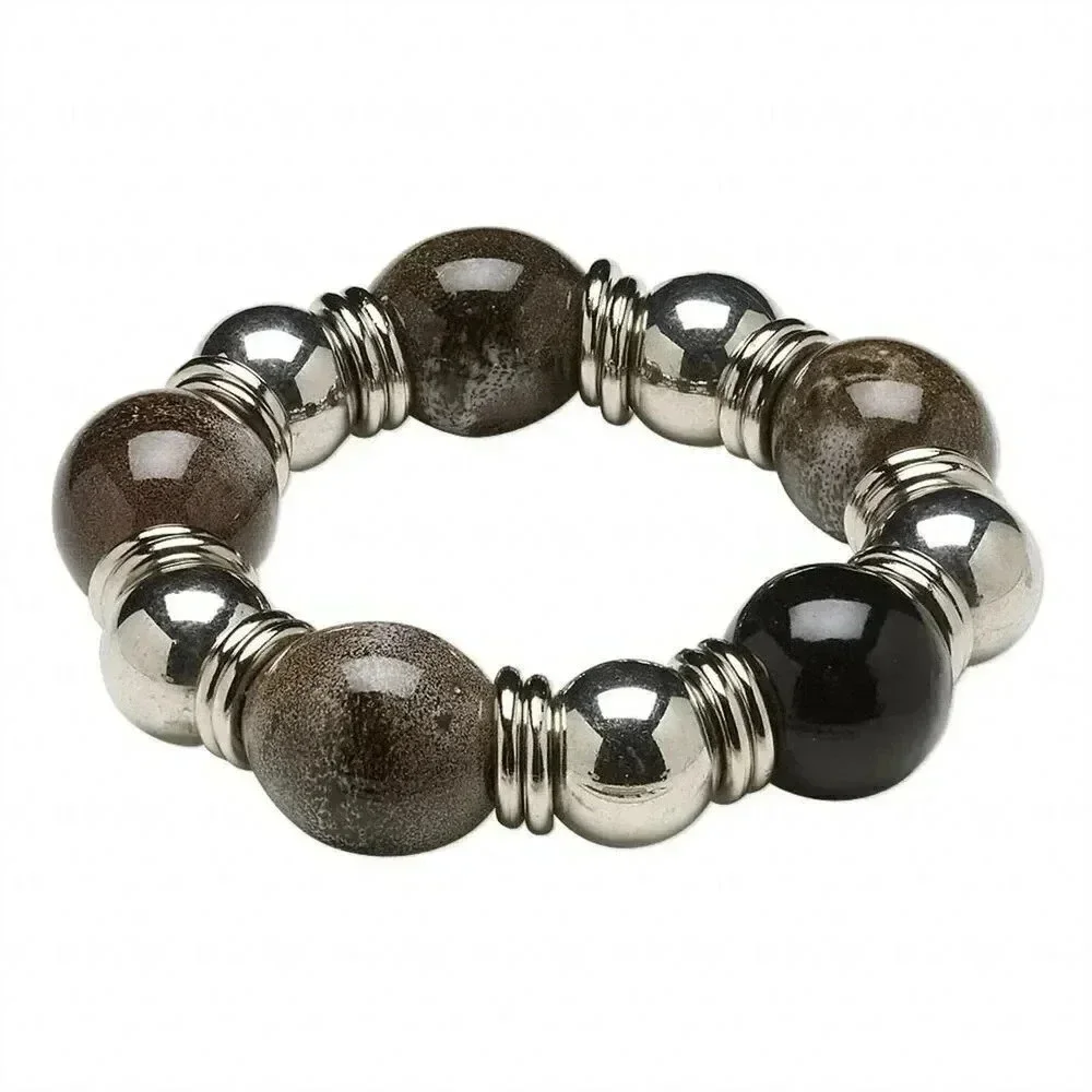 Hand Crafted Mottled Grey Black Porcelain Silver Acrylic Beads Stretch Bracelet