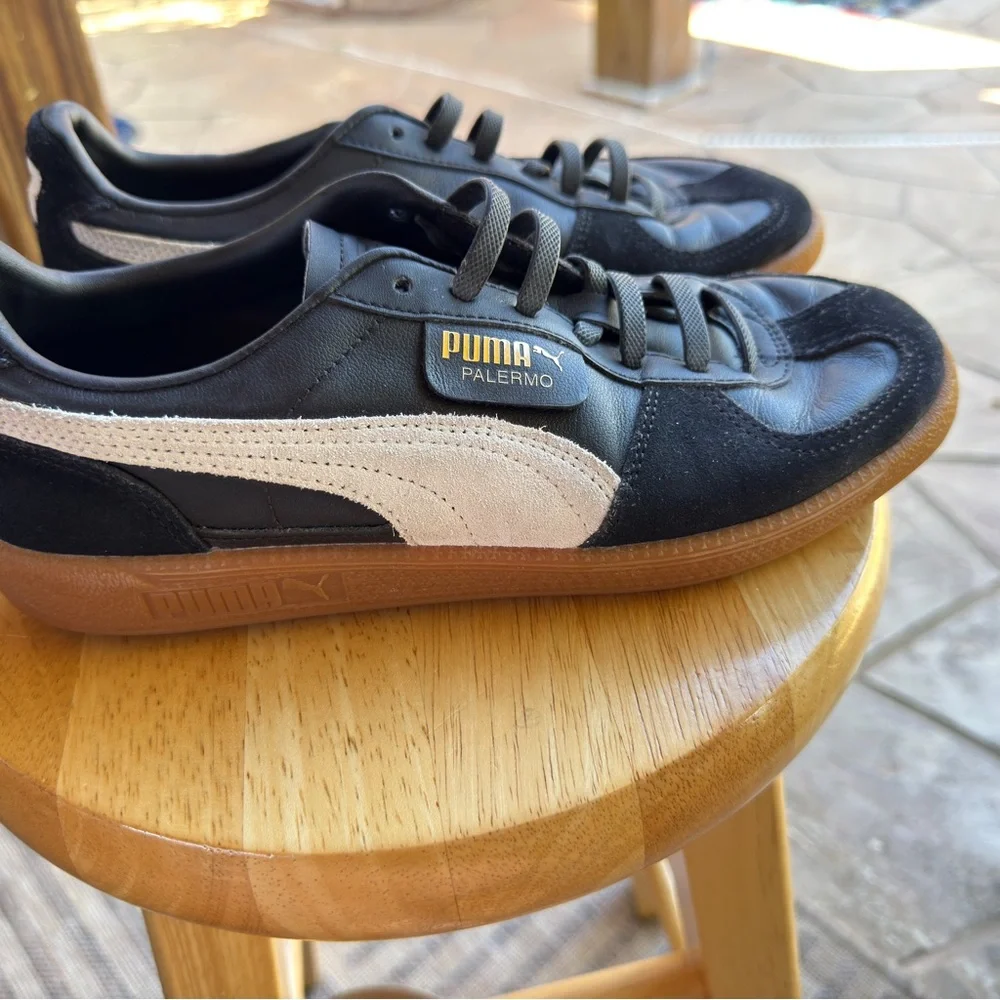Puma Palermo Black &‎ White Leather Sneakers with Gum Sole