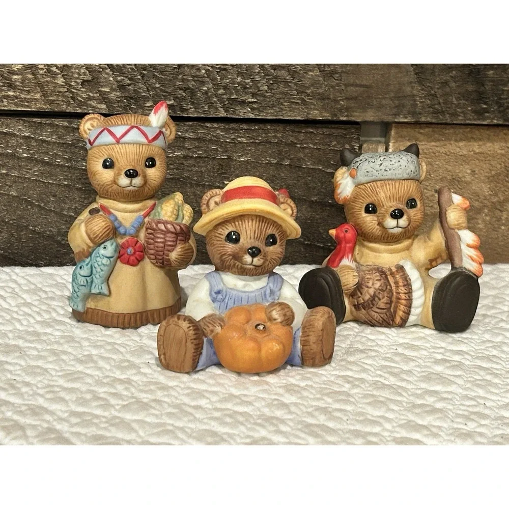 Homco Thanksgiving Bear Lot Of 3‎ Porcelain Figurines Turkey Hunter Corn Fish