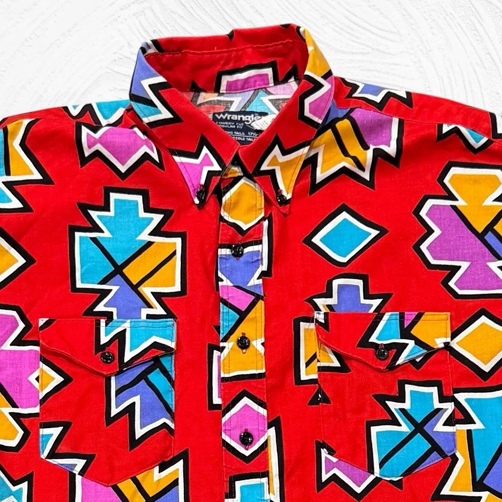 Vintage Wrangler Cowboy Cut Shirt 17.5x 36 X-Long Tails Aztec Southwest USA Made