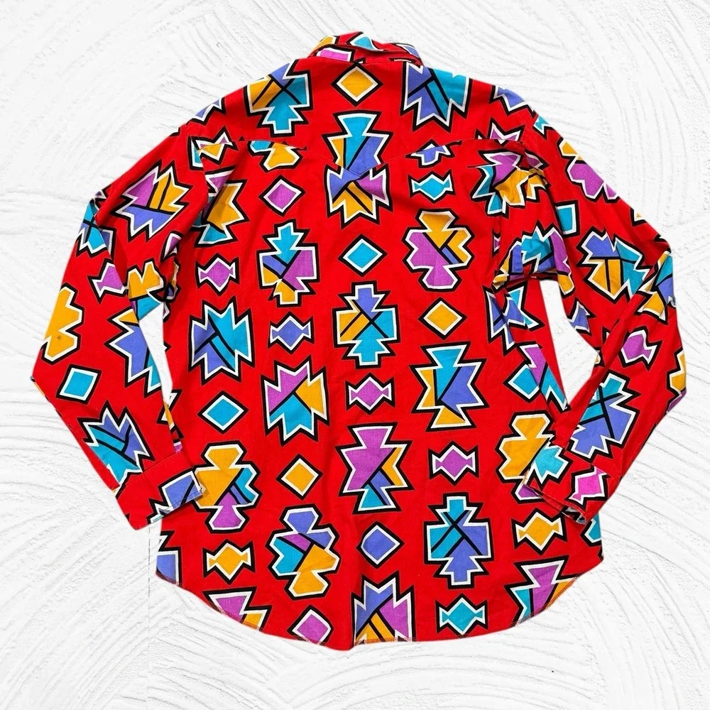 Vintage Wrangler Cowboy Cut Shirt 17.5x 36 X-Long Tails Aztec Southwest USA Made