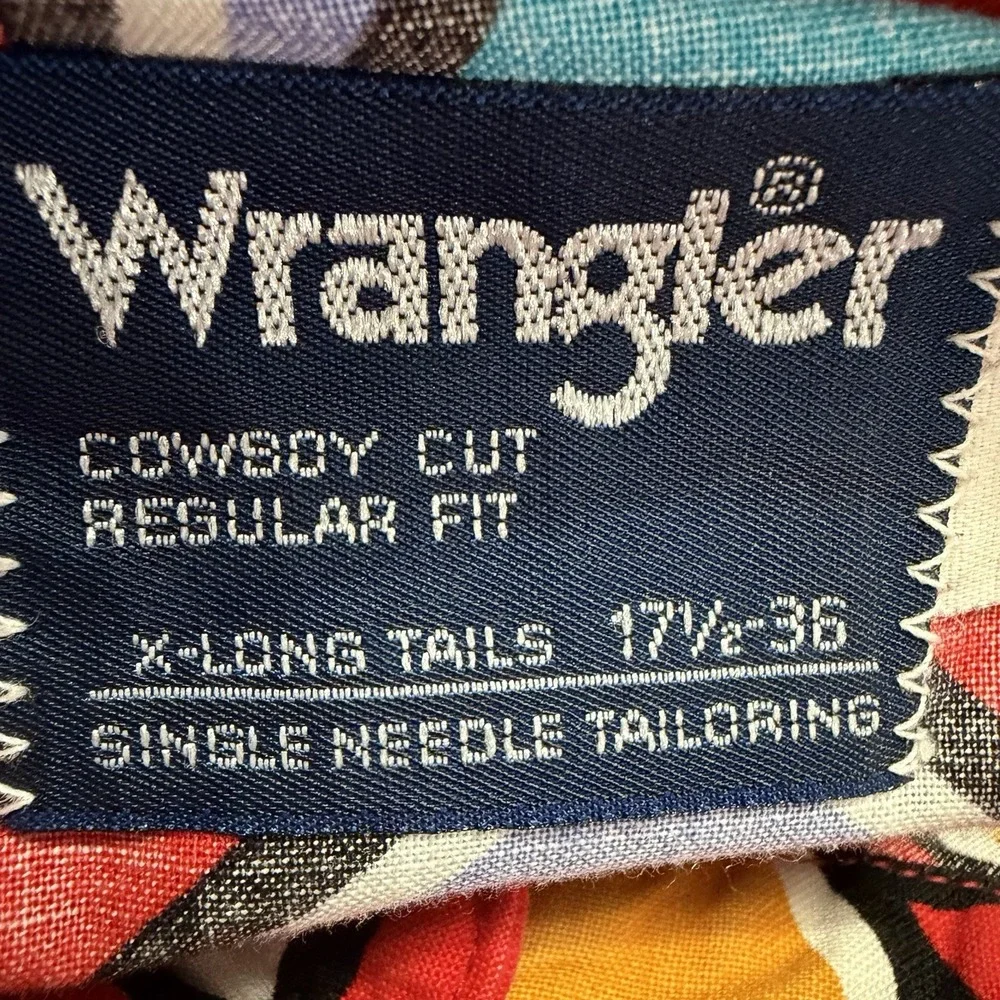 Vintage Wrangler Cowboy Cut Shirt 17.5x 36 X-Long Tails Aztec Southwest USA Made