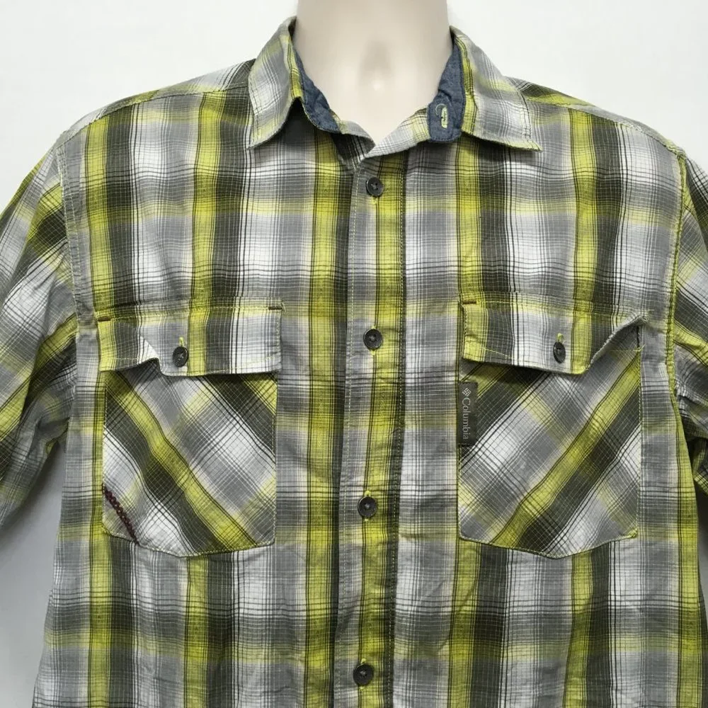 Columbia Mens L Button Up Shirt Yellow Gray Plaid‎ Short Sleeve Pockets