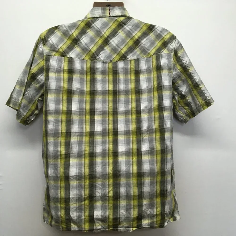 Columbia Mens L Button Up Shirt Yellow Gray Plaid‎ Short Sleeve Pockets