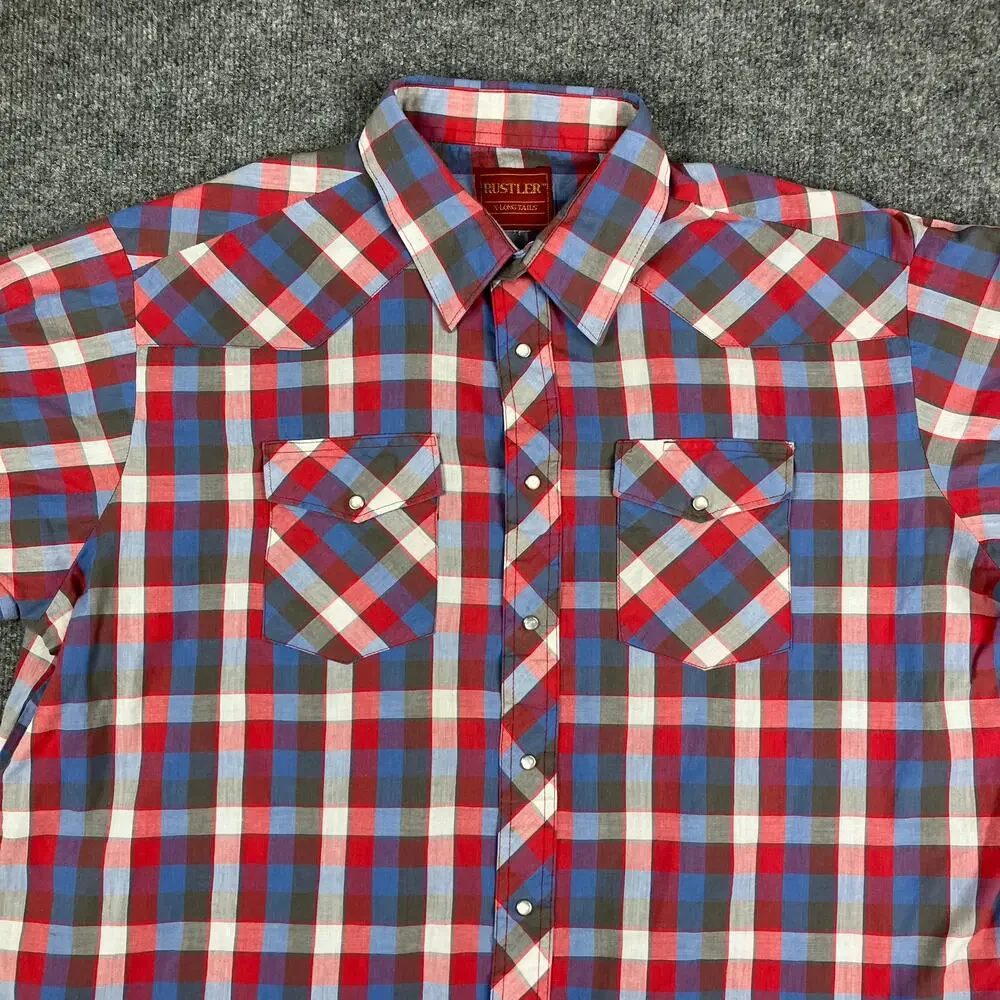 Rustler Western‎ Shirt Mens 2XL Red Blue Plaid Short Sleeve Pearl Snap