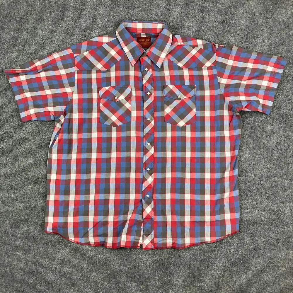 Rustler Western‎ Shirt Mens 2XL Red Blue Plaid Short Sleeve Pearl Snap