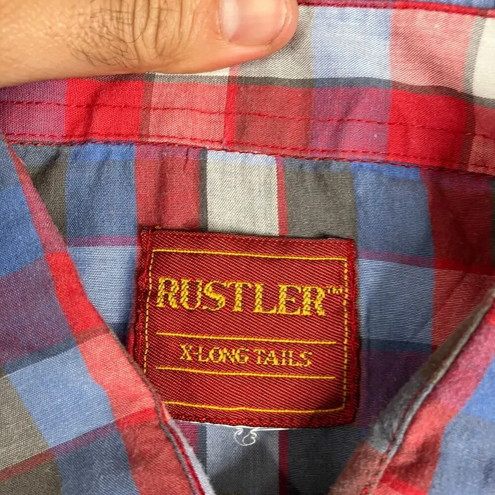 Rustler Western‎ Shirt Mens 2XL Red Blue Plaid Short Sleeve Pearl Snap