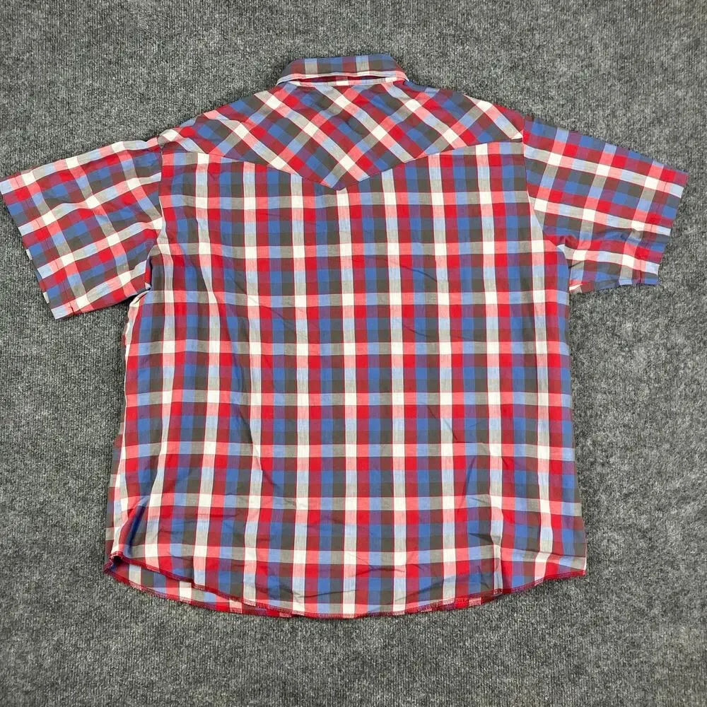 Rustler Western‎ Shirt Mens 2XL Red Blue Plaid Short Sleeve Pearl Snap