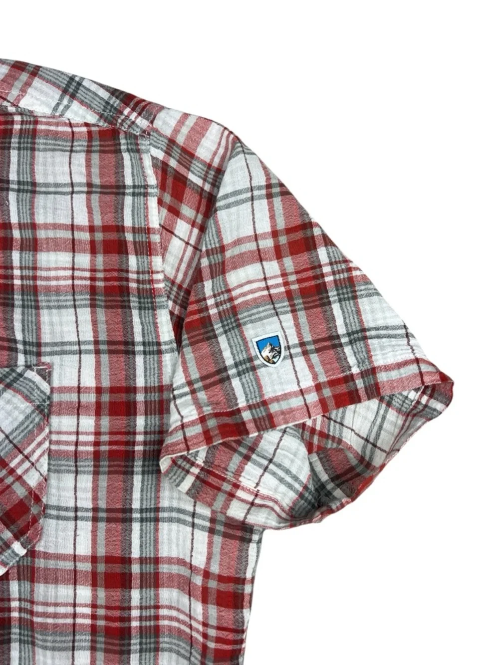 Kuhl Shirt Mens XL Red Gray Plaid Button Up Trail Hiking Outdoors Organic Cotton