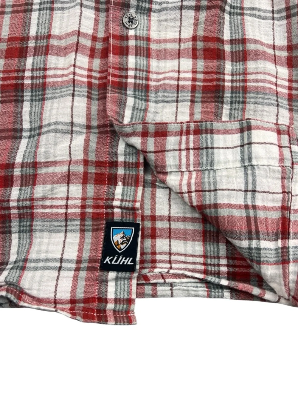 Kuhl Shirt Mens XL Red Gray Plaid Button Up Trail Hiking Outdoors Organic Cotton
