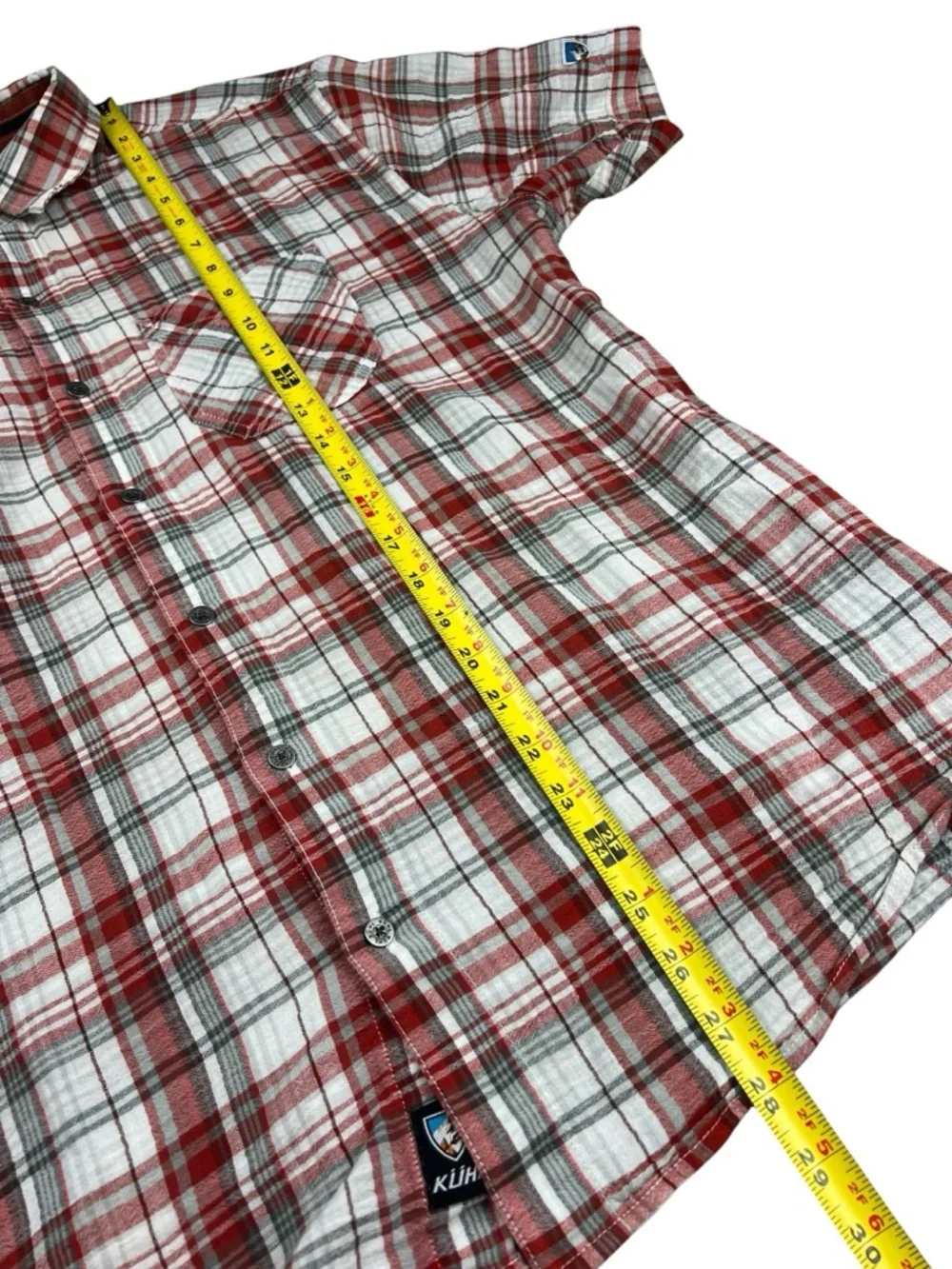 Kuhl Shirt Mens XL Red Gray Plaid Button Up Trail Hiking Outdoors Organic Cotton