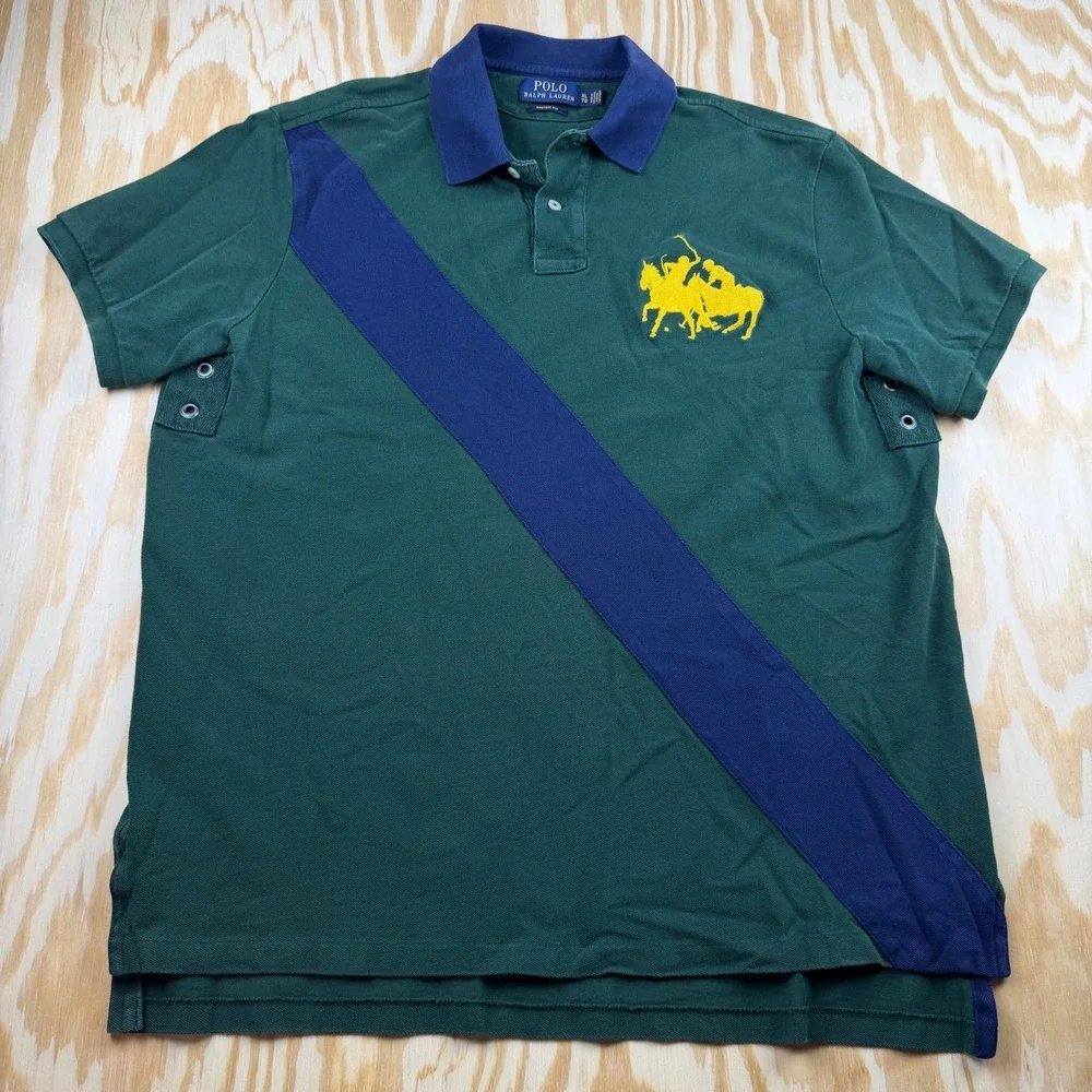 Polo Ralph Lauren Big Pony Custom Fit Green Blue Sash Polo Shirt Mens XL